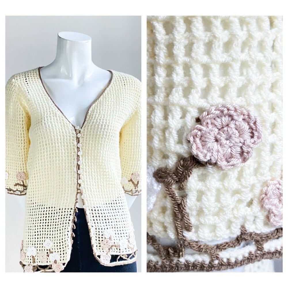 Vintage Ivory Crochet Floral Detail Pearl Button Closure Open Knit Top S